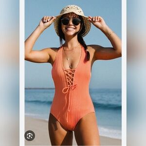 Cupshe Coral Lace-Up One Piece Swimsuit